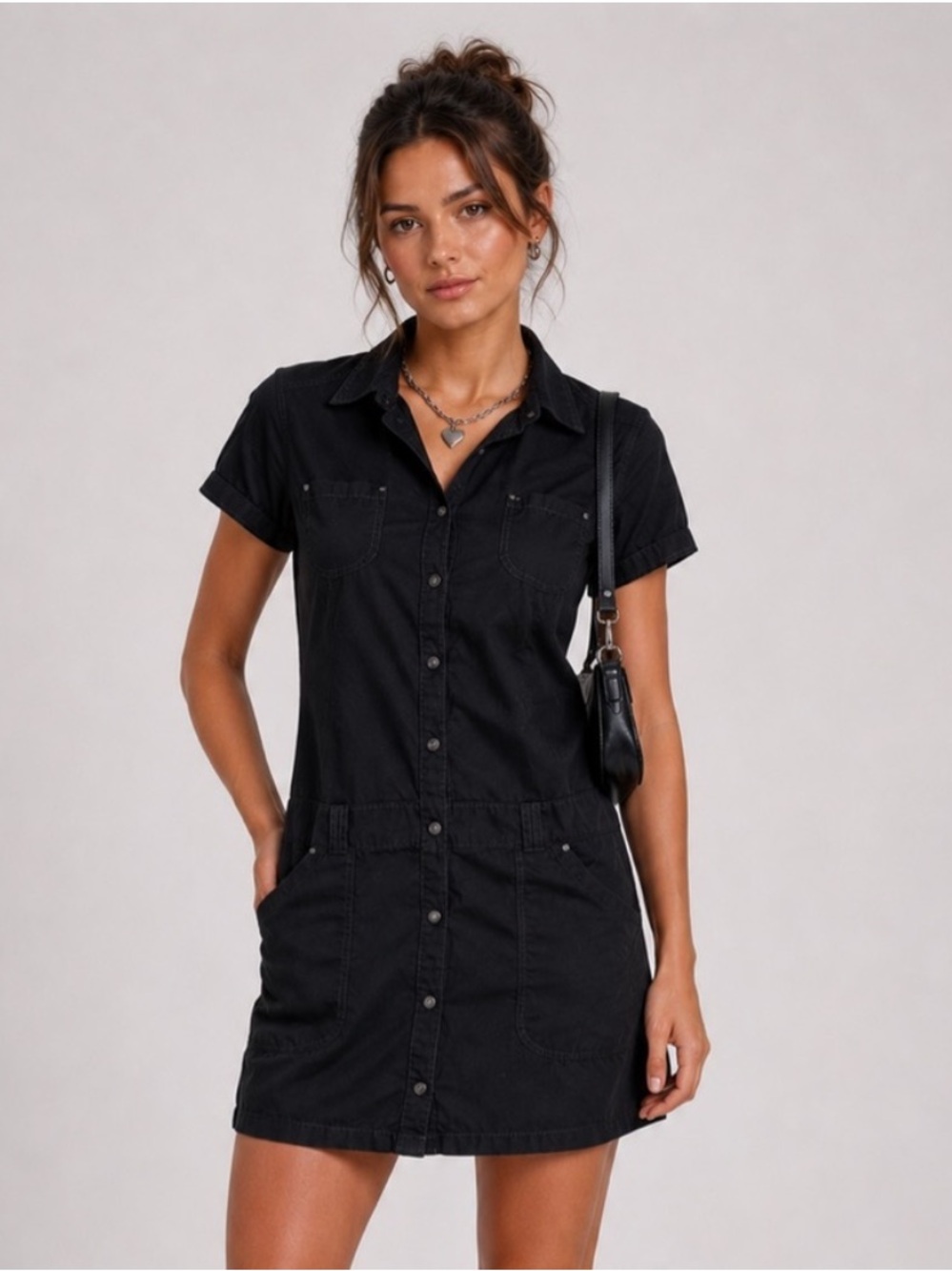 Esprit Black Utility Shirt Dress Snap Front Pockets Size 2